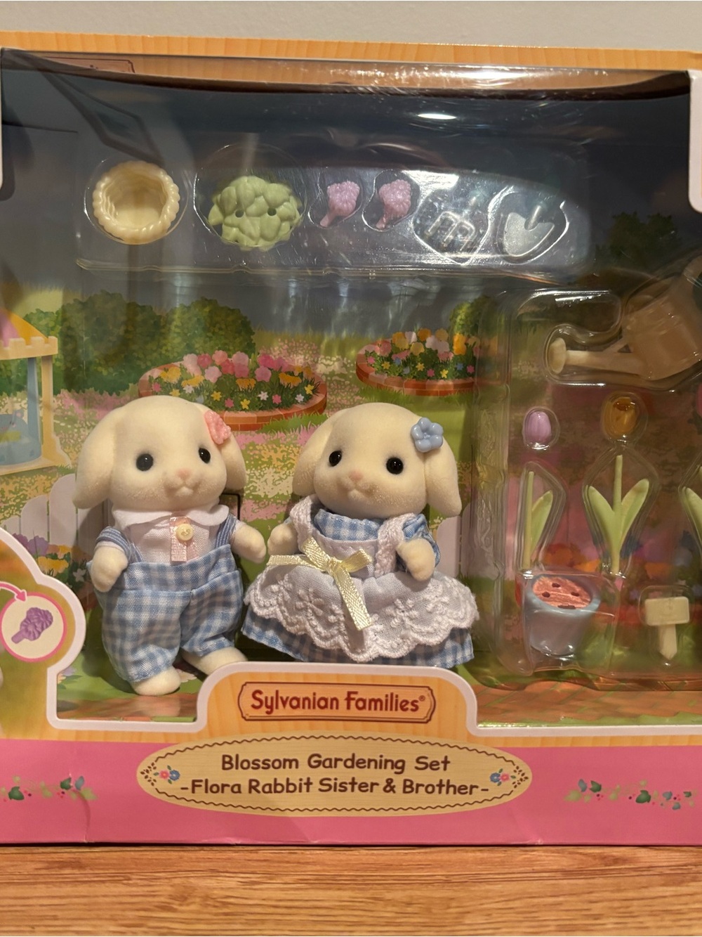Sylvanian Families Blossom Gardening Set - Cream Rabbits with Blue Outfits